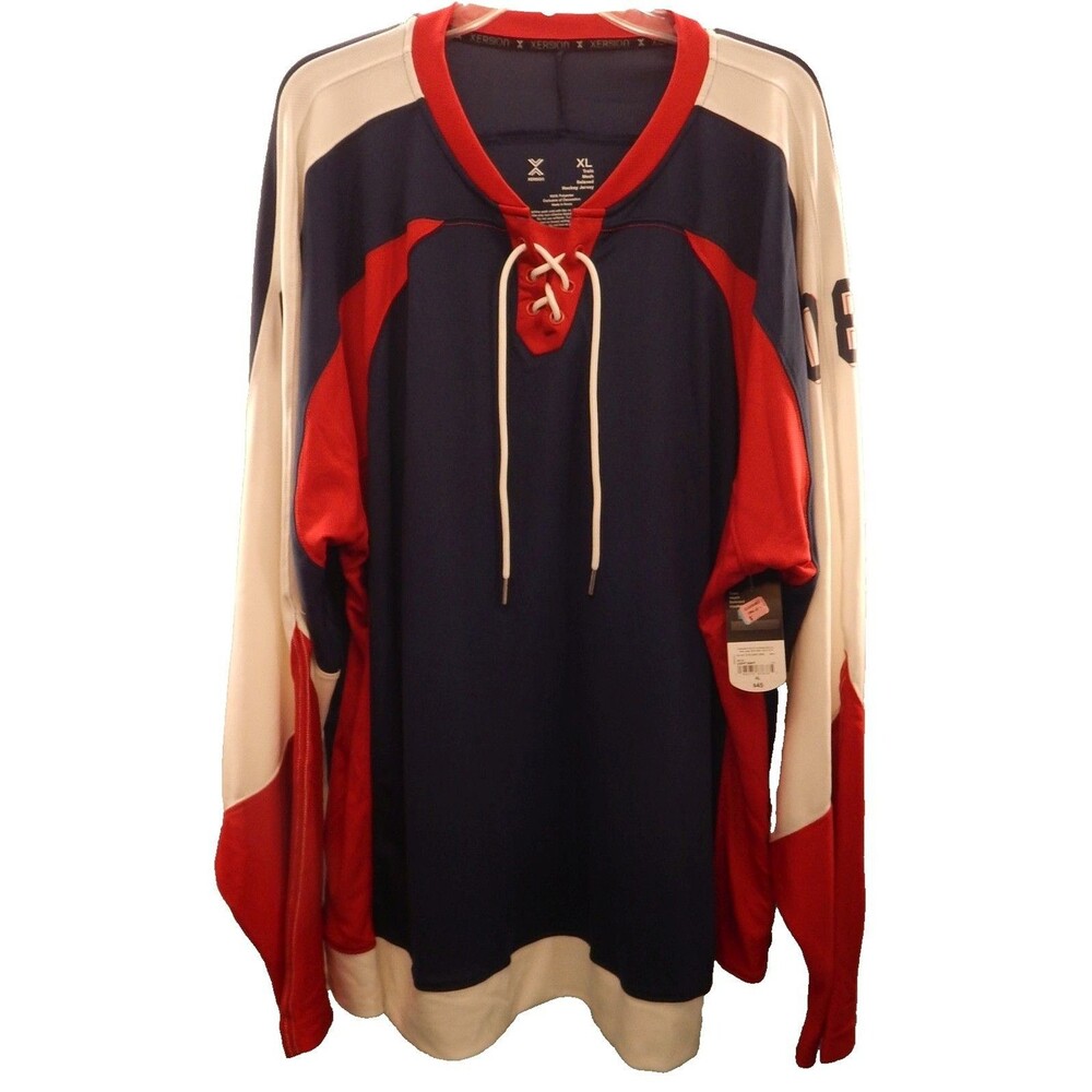 Xersion XL Long Sleeve Mesh Lace-Up Ice Hockey Jersey RED WHITE BLUE #08 $45 NWT